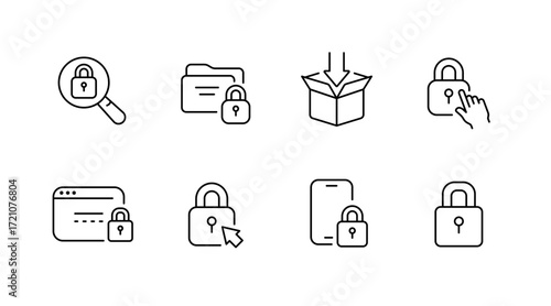 Security and privacy line icons set – outline, cybersecurity and data protection symbols