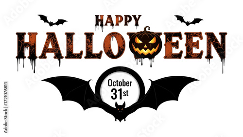 Halloween Spooktacular: A spooky Halloween greeting, featuring a grinning jack-o'-lantern at the center of the O in Halloween, with bats adding a touch of eerie delight.