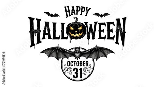 Spooky Halloween Typography: The captivating holiday of Halloween is brought to life with a beautifully crafted, vintage-inspired logo, featuring a grinning Jack-o'-lantern, hovering bats.
