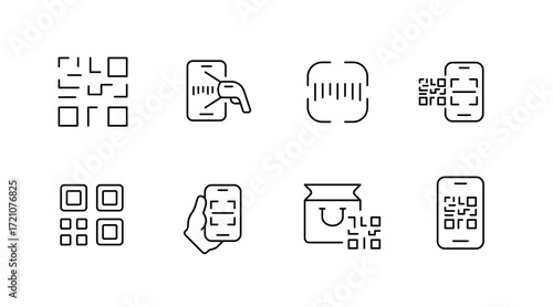Qr code line icons set – outline, barcode, scanning and digital symbols