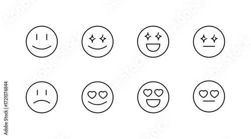 Emoji and emoticon outline icons set – linear, flat, expression symbols