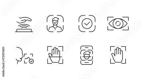 Biometric authentication icons set – outline, linear, security and identification visuals
