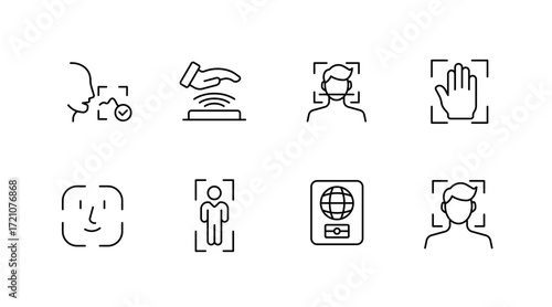 Biometric security line icons set – outline, access control, identity verification