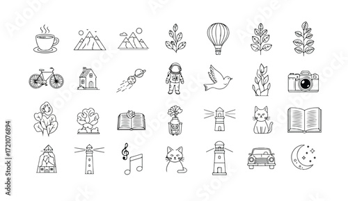 A collection of various line art icons including nature scenes, objects, animals, and symbols arranged in a grid pattern on a white background.