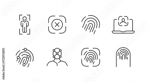 Biometric and security line icons set – outline, fingerprint, digital id symbols