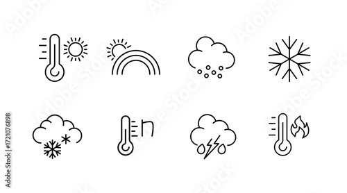 Weather and climate line icons set – forecast, linear, atmospheric symbols