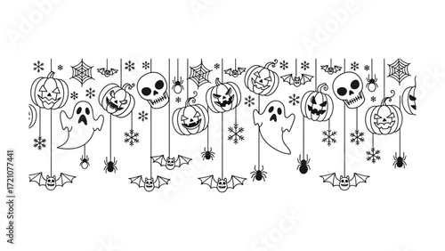 Spooky Halloween Garland: A monochromatic depiction of a festive garland, featuring carved pumpkins, grinning skulls, ghostly apparitions, and the eerie silhouettes of bats and spiders.