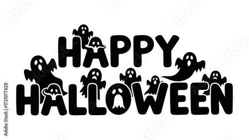 Halloween Greetings: A spooky black and white graphic spells out Happy Halloween with adorable ghostly figures. 