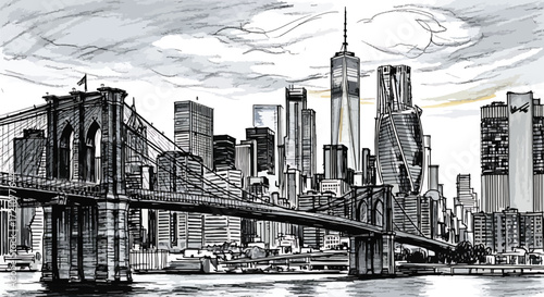 A dramatic black and white sketch of the iconic Brooklyn Bridge with the Lower Manhattan skyline, including the Freedom Tower, in the background.