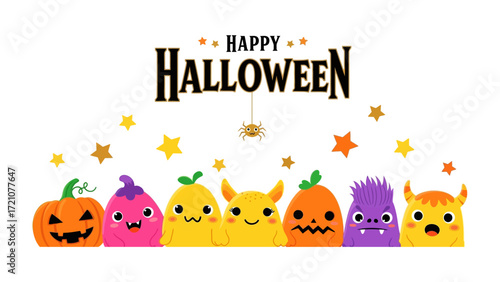 Happy Halloween: A festive collection of cute cartoon monsters and a jack-o'-lantern gleam with holiday cheer beneath a banner. This vibrant image captures the spooky, yet joyful essence of Halloween.
