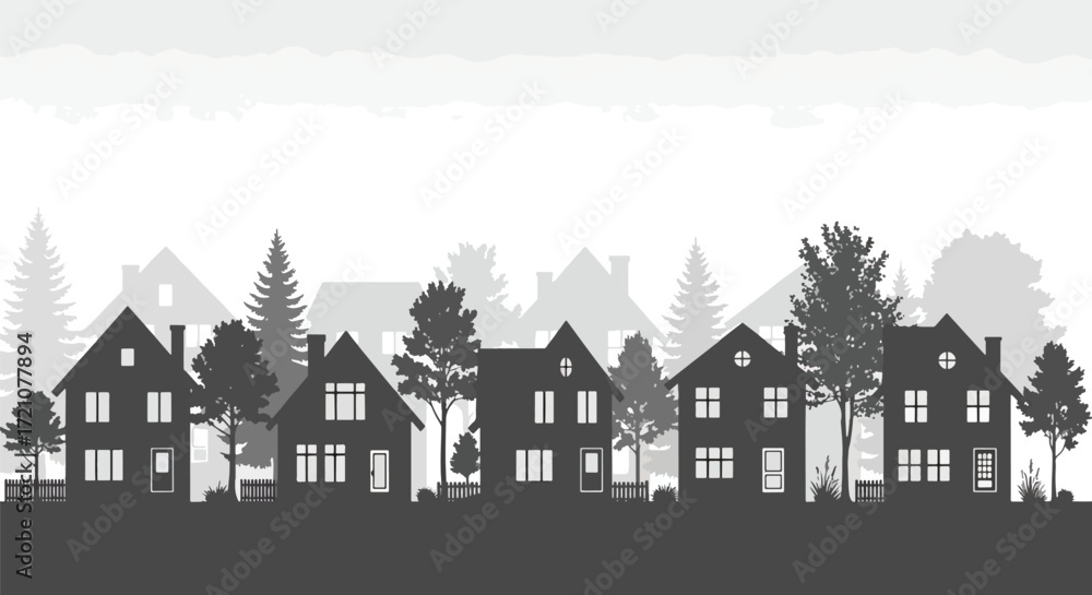 custom made wallpaper toronto digitalA simple yet elegant black silhouette of a suburban or small town skyline with trees and houses set against a clean white background.