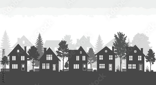 A simple yet elegant black silhouette of a suburban or small town skyline with trees and houses set against a clean white background.
