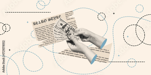 Hand holding dollar bills  investments concept halftones collage. Vector illustration for financial theme, economy,  or business. 