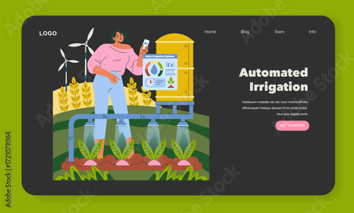 Woman Managing Automated Irrigation System Vector Illustration