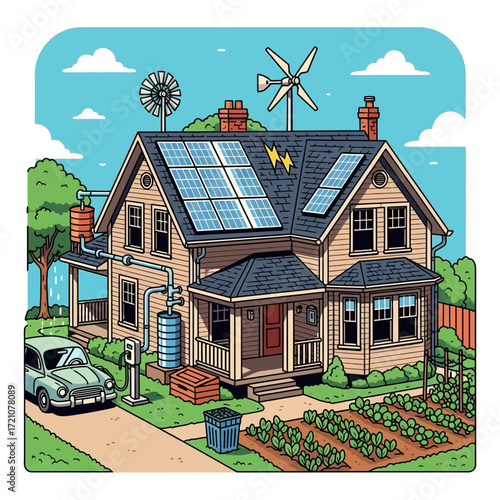 Sustainable living realized modern home powered by solar, wind, and electric car charging for eco-friendly lifestyle