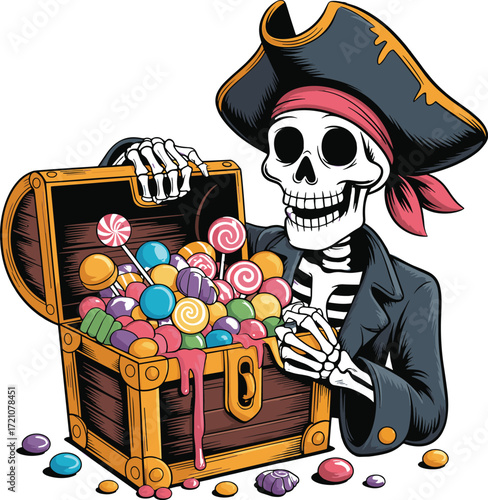 Spooky pirate skeleton with candy treasure chest