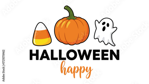 Halloween Celebration: A festive Halloween illustration featuring classic symbols - a plump pumpkin, a playful ghost, and candy corn, evoking the spirit of the season.