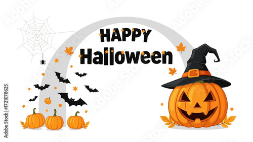 Spooky Pumpkin Halloween Graphic: A vibrant and cheerful Halloween-themed graphic featuring a grinning jack-o'-lantern adorned with a witch's hat, surrounded by festive elements.