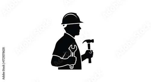 A black silhouette icon of a construction worker or builder wearing a hard hat and holding a hammer, representing labor and industry.