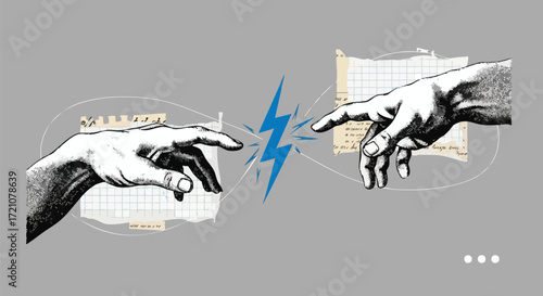 Two hands reaching out to each other with a lightning bolt in between.