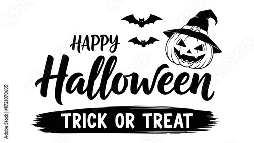 Halloween's Eerie Greetings: A captivating illustration of Happy Halloween with the silhouette of pumpkin and bats, ready for trick or treat season.