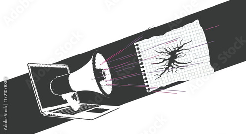 Digital megaphone blasts information from laptop, tearing through digital noise into a fractured reality, symbolizing data overload and information chaos.