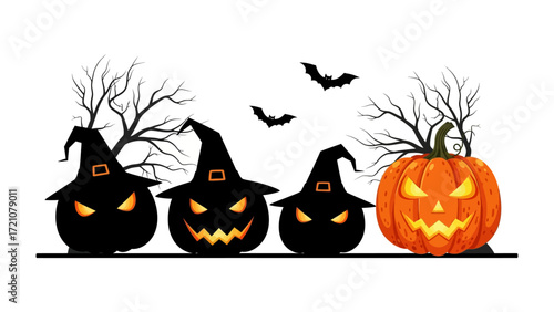 Spooky Halloween: Halloween-themed illustration showcasing jack-o'-lanterns with witch hats and bats in a decorative, festive scene.