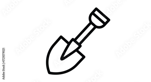 A bold black and white icon of a pointed shovel or spade, a fundamental tool for digging in construction, gardening, and archaeology.