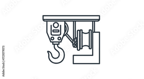 A minimalist outline icon of a hoist or pulley system with a hook, symbolizing lifting, mechanics, and industrial processes.