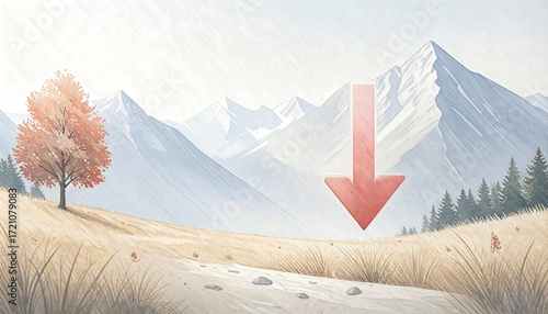 Autumnal mountain landscape with download arrow