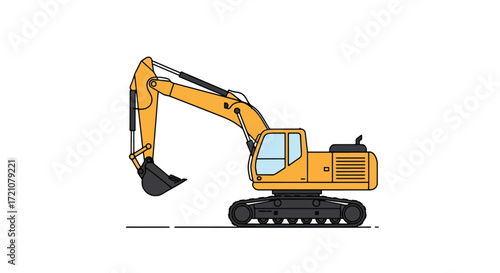 A detailed vector illustration of a yellow excavator, a powerful piece of heavy machinery used for digging on construction sites.