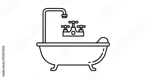 A simple line art icon of a classic clawfoot bathtub with a faucet and running water, representing bathroom, plumbing, and relaxation.