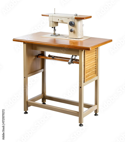 Vintage Sewing Machine on a Wooden Table with Metal Frame Stand