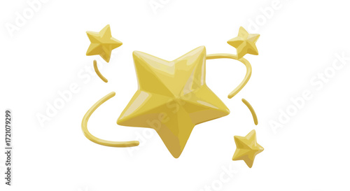 A 3D rendered illustration of a large golden star surrounded by four smaller orbiting golden stars, creating a magical and sparkling effect on a white background.
