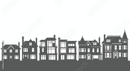A detailed black silhouette of a classic European or old town street with various historic building facades creating a continuous skyline.