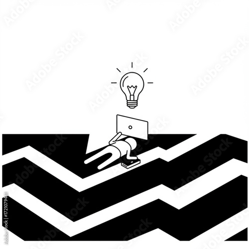 Minimalist vector illustration of person working with laptop and light bulb idea, abstract black and white design for business creativity and innovation concept