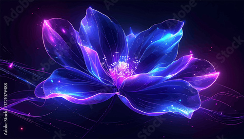 Electric flower neon lights. Vibrant neon glowing flower. Abstract digital flower design. Fantasy glowing flower petals. Neon illuminated flower art. Luminous glowing flower artwork