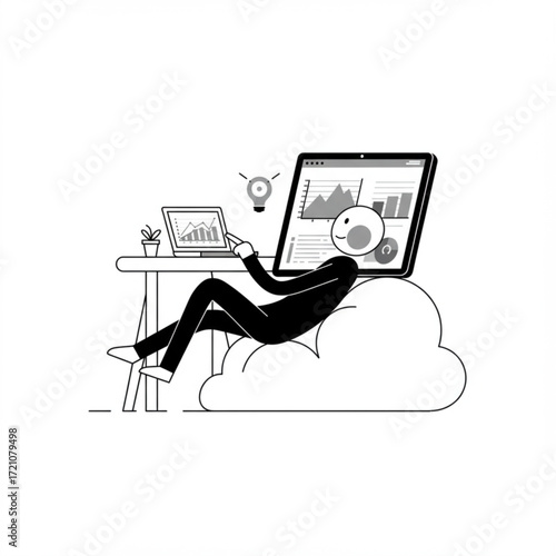 Minimalist vector illustration of person with digital screen head analyzing business data, concept of technology, innovation, and cloud computing