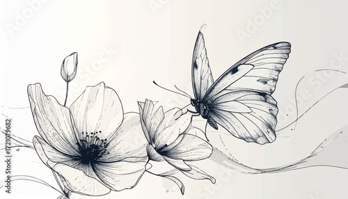 Monochrome butterfly with flowers. Black and white floral butterfly art. Elegant butterfly line art with flowers. Minimalistic butterfly with flowers. Simple black and white butterfly design