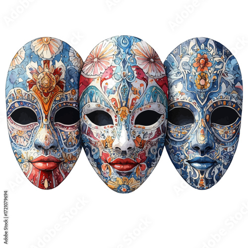 Bolivian Ritual Masks, watercolor painting vector, isolated on a white background.