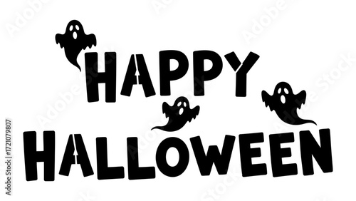 Happy Halloween: Festive typographic design with playful ghostly figures, evokes the spirit of Halloween and the celebration of frightful fun. 