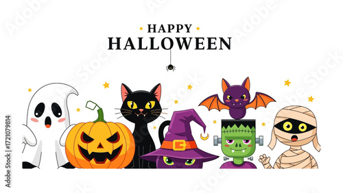 Whimsical Halloween Parade: A cheerful gathering of spooky characters and festive elements against a plain background. conveying the spooky essence of Halloween