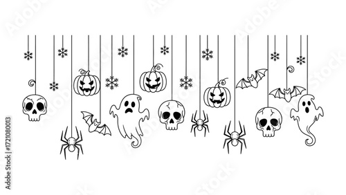 Festive Halloween Garland: A simple yet chilling black and white illustration showcases an array of iconic Halloween symbols hanging in a festive garland.