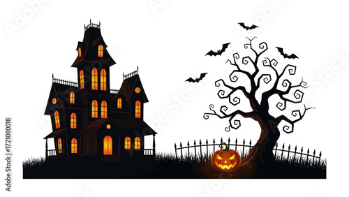Spooky Halloween House: A chilling scene features a haunted house silhouetted against the night, with a gnarled tree, jack-o'-lantern, and bats, conjuring a sense of eerie wonder.