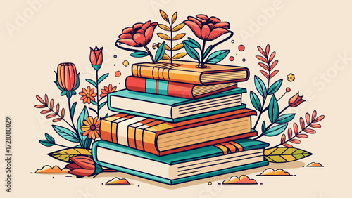 Stack of books with flowers line art illustration, delicate minimalist drawing, merging nature and literature, evoking learning, beauty, and inspiration, perfect decorative element for stationery, 
