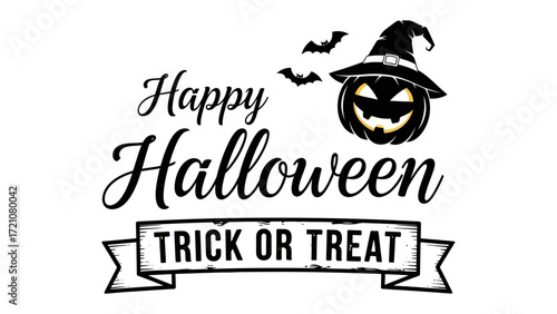 Spooky Halloween Greeting: Capturing the essence of the spooky holiday season with a festive inscription, the illustration of a carved pumpkin adorned with a witch's hat and fluttering bats.