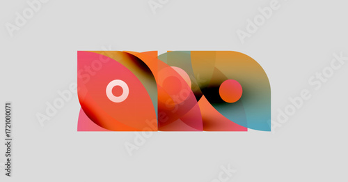 Abstract shapes overlap, creating vibrant color blends. Circles punctuate composition, offering visual interest. Modern design, simple background.