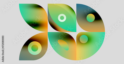 Abstract shapes blend vibrant colors. Gradient hues create fluid forms, suggesting movement, depth, modern design. Soft lighting enhances visual appeal.