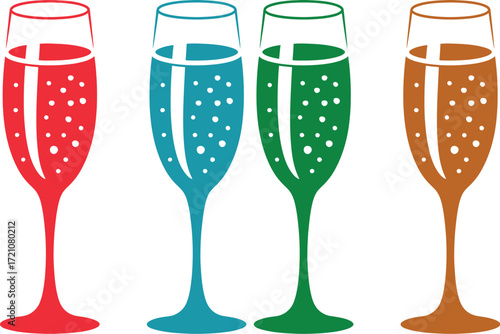 Four colorful champagne flutes filled with bubbly drinks, perfect for celebrations.