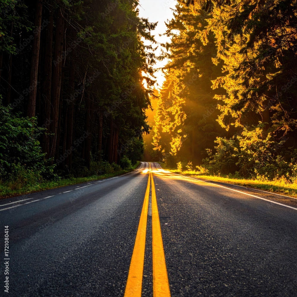 Fototapeta premium Sunlit road through a forest, flanked by tall trees